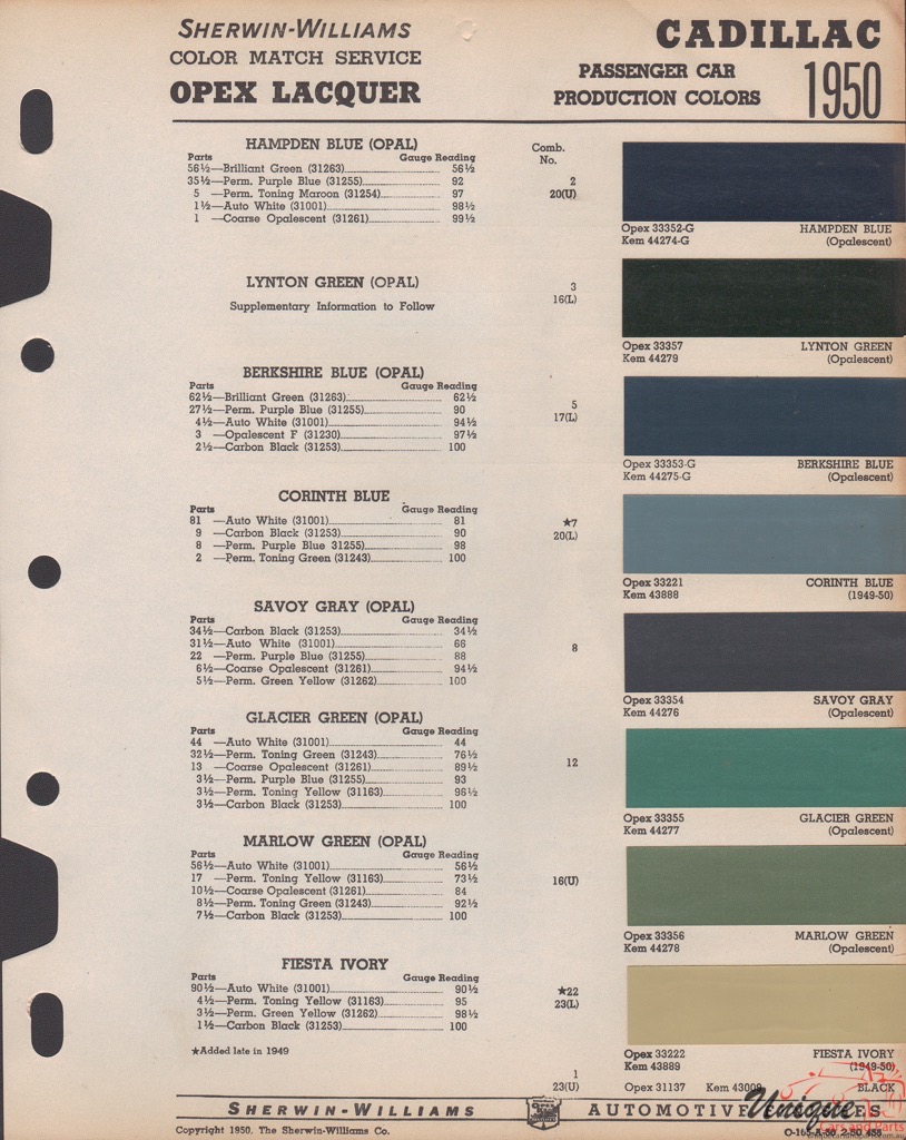 1950 Cadillac Paint Charts Williams 1
